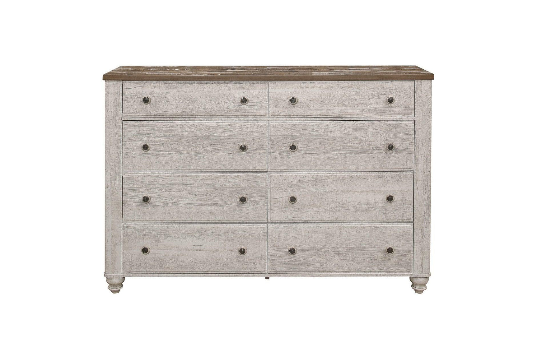 Front view of Nashville two-tone antique white and brown panel bed with dresser