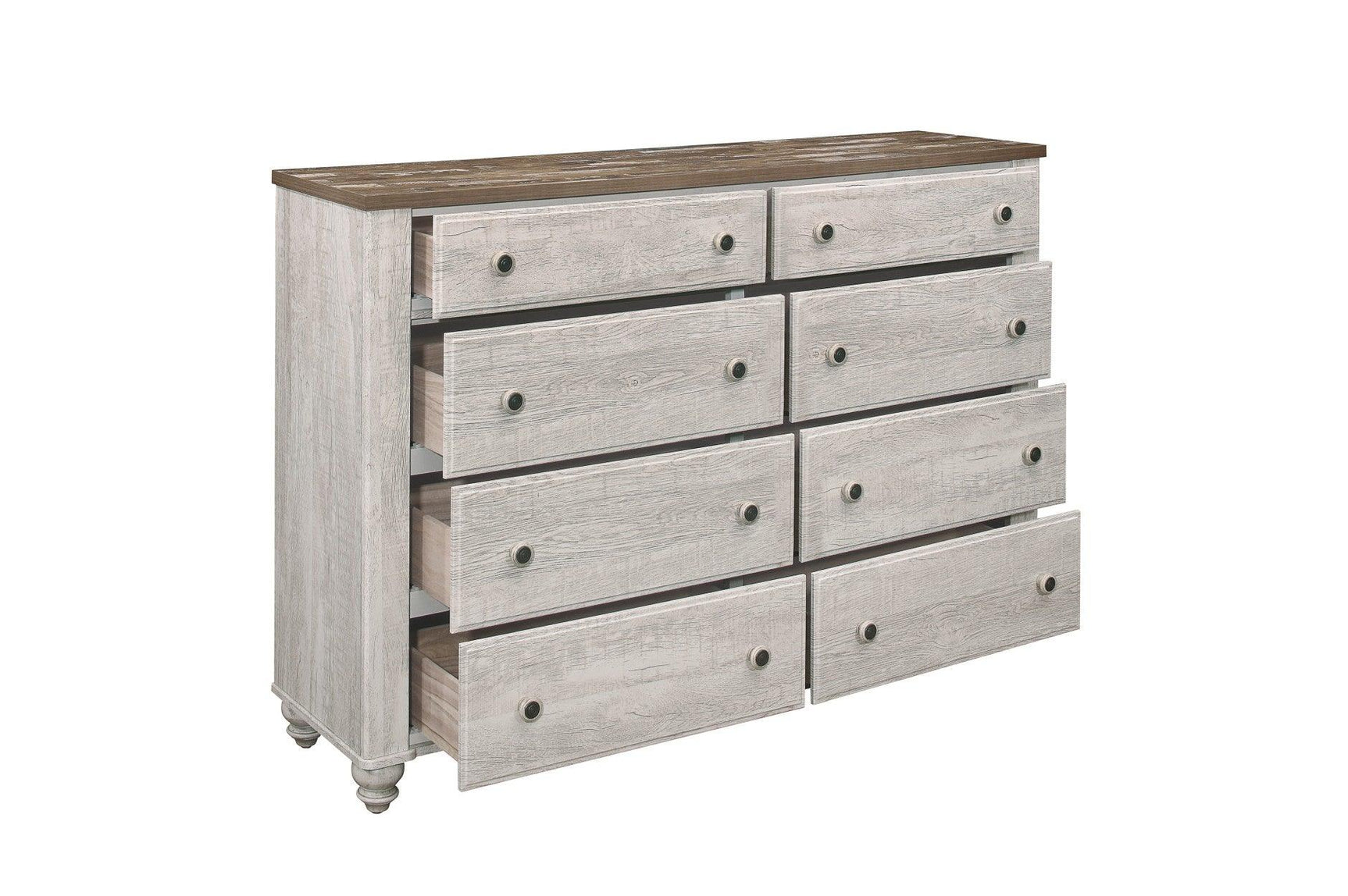 Bedroom setup showing Nashville two-tone antique white and brown panel bed and dresser