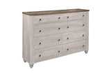 Side view of Nashville two-tone antique white and brown panel bed with dresser