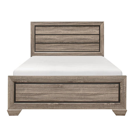 Beechnut Natural Finish King Panel Bed front view with raised faux wood veneer panels