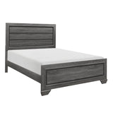 Side view of Beechnut Gray Full Panel Bed displaying storage drawers