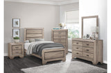 Side angle of Beechnut Light Elm Panel Bedroom Set bed
