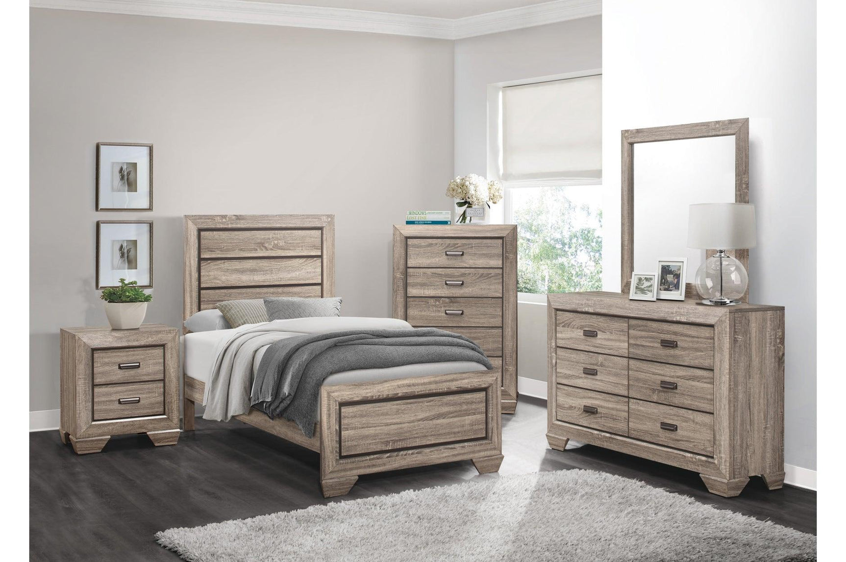 Side angle of Beechnut Light Elm Panel Bedroom Set bed
