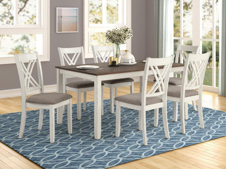 Front view of Fortress Chestnut and Vintage White Rectangular Dining Table with 6 upholstered chairs
