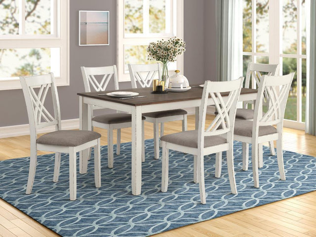 Front view of Fortress Chestnut and Vintage White Rectangular Dining Table with 6 upholstered chairs