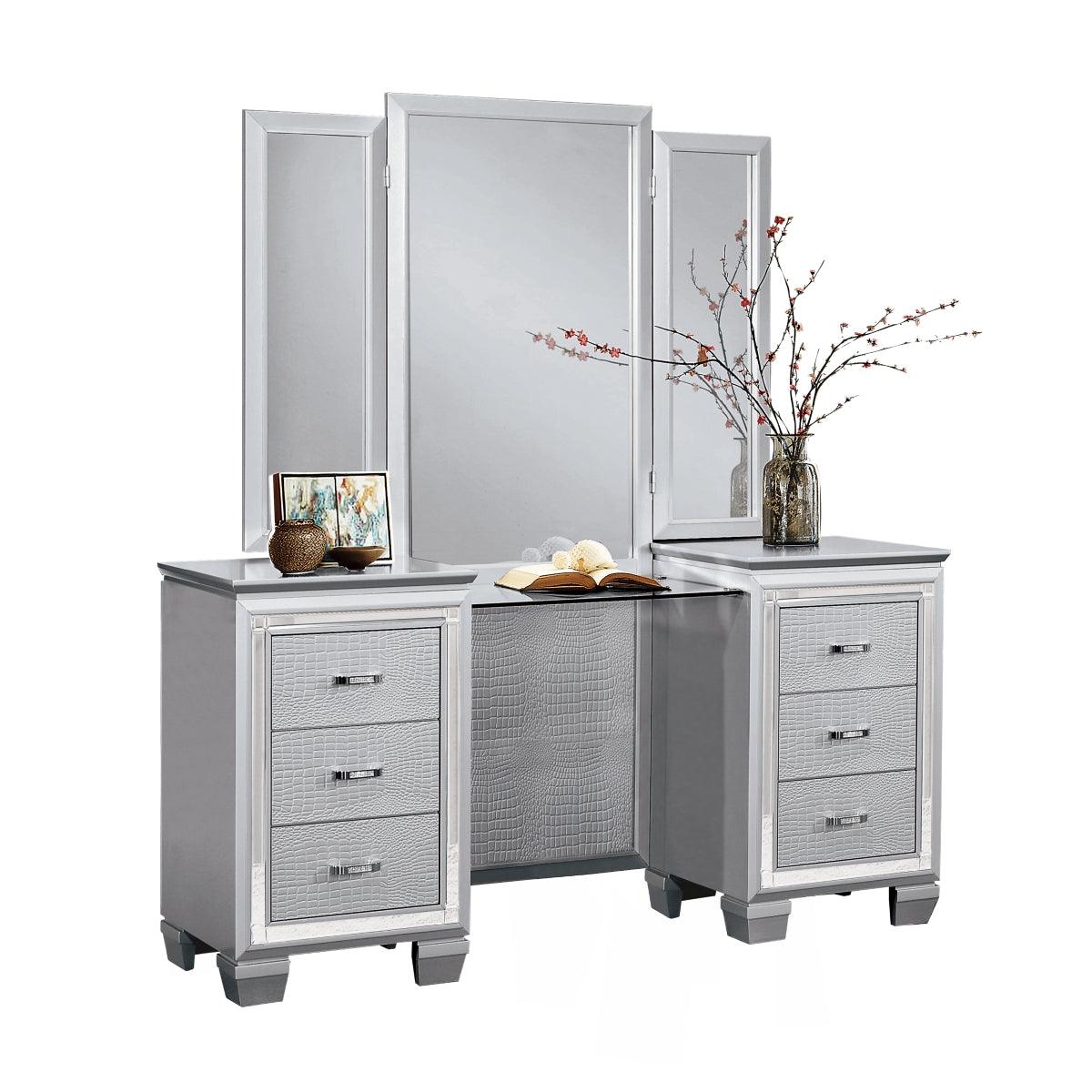 Front view of Allura Silver Faux Alligator Embossed Vanity Dresser with Mirror