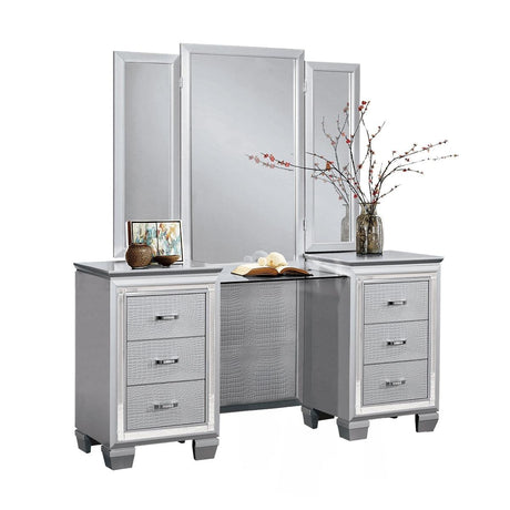 Front view of Allura Silver Faux Alligator Embossed Vanity Dresser with Mirror