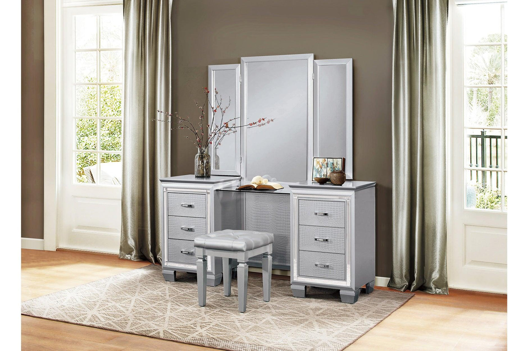 Side view of Allura Silver tufted LED panel bed