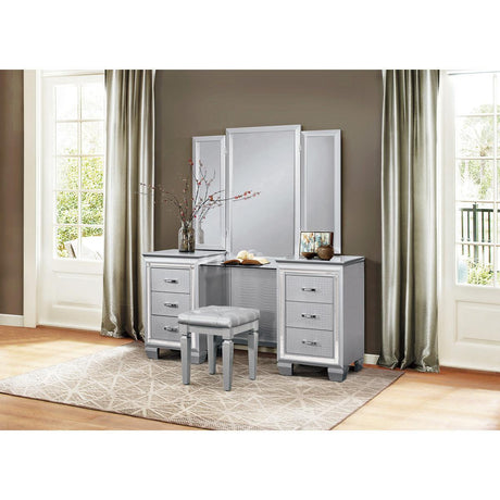 Angled view showing drawer detail and mirror trim