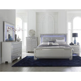 Close-up of tufted faux leather upholstered headboard with LED backlight