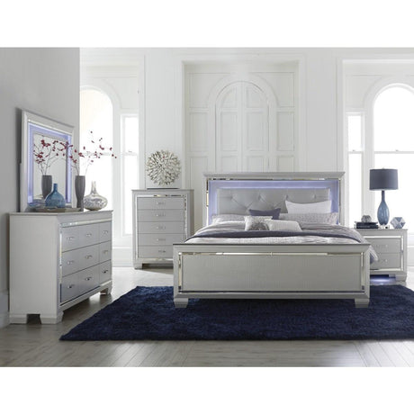 Close-up of tufted faux leather upholstered headboard with LED backlight