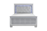 Front close-up of tufted silver faux leather LED bed