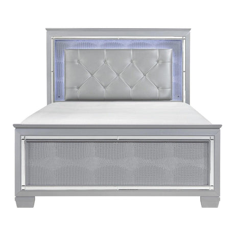 Front angle view of Allura Silver Full Youth Panel Bed with tufted faux leather headboard and LED lighting