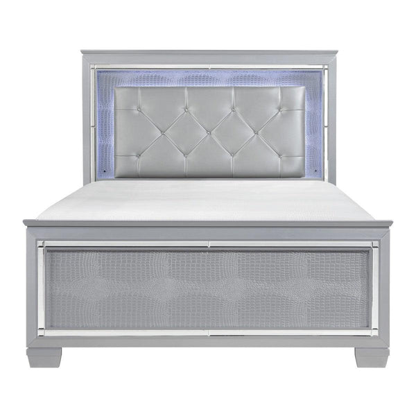 Front angle view of Allura Silver Full Youth Panel Bed with tufted faux leather headboard and LED lighting