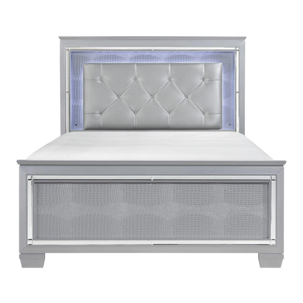 Allura Silver Faux Leather Tufted Queen Panel Bed front view