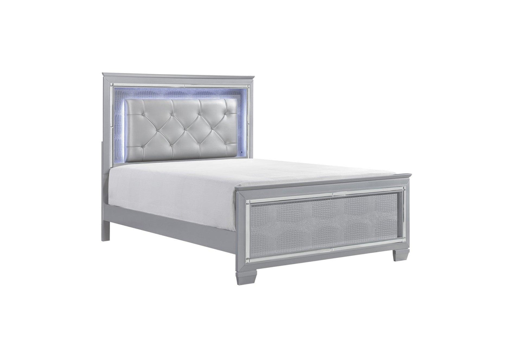 Side angle of tufted LED panel bed in silver faux leather