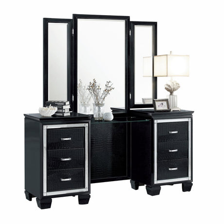 Allura Black Vanity Dresser with Mirror showing front and drawers open