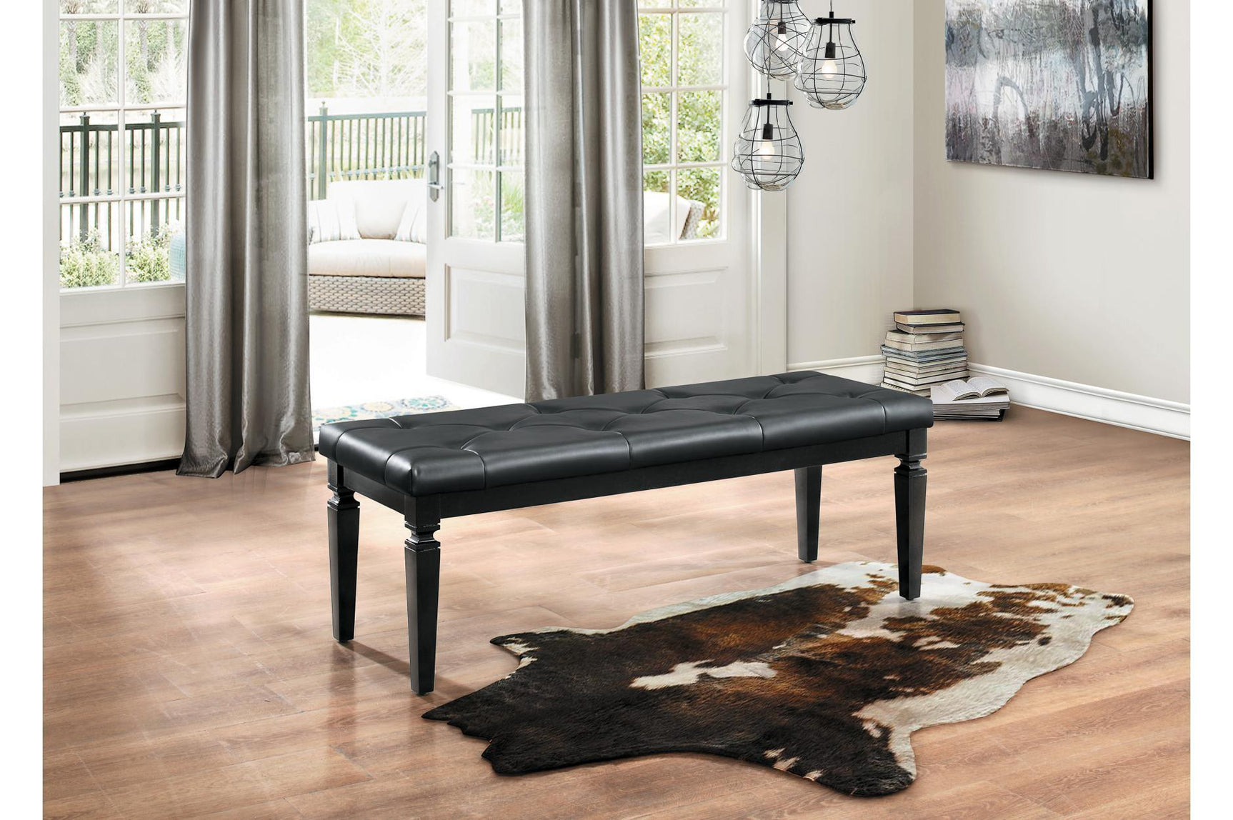 bedroom view of Allura Black faux leather tufted LED panel bed