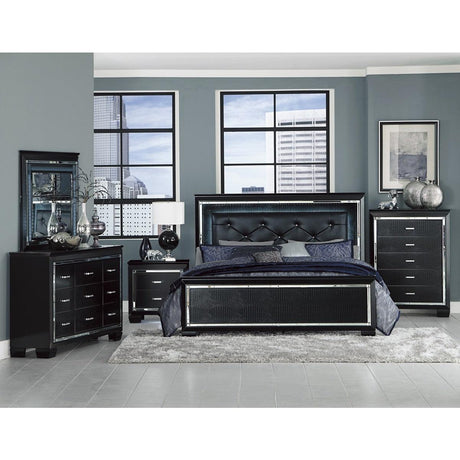 Detailed view of button-tufted faux leather headboard on Allura Black Queen Bed