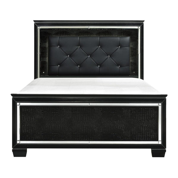 Front view of Allura Black Faux Leather Tufted Queen Panel Bed with LED Lighting