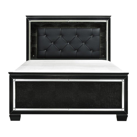 Front view of Allura Black Faux Leather Tufted LED King Bed