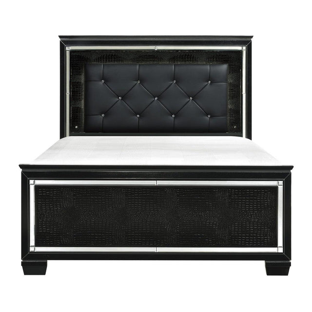 Front view of Allura Black Faux Leather Tufted LED King Bed