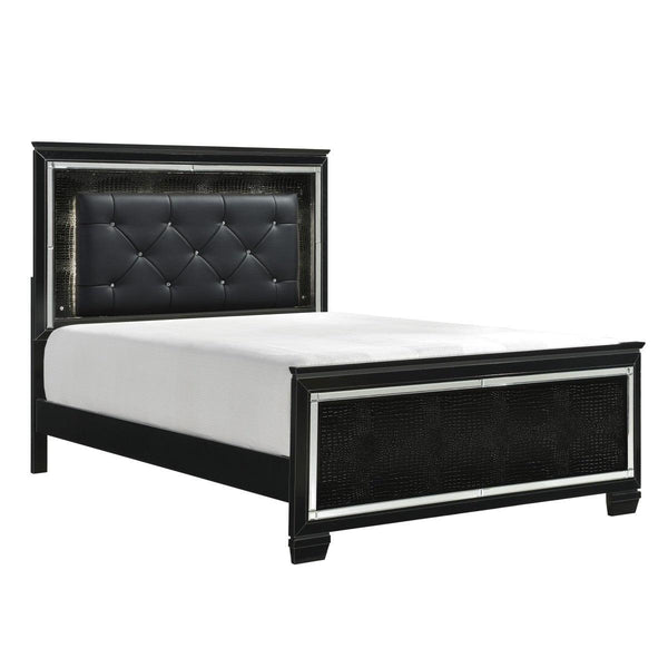 Side angle of Allura Black Faux Leather Tufted LED King Bed