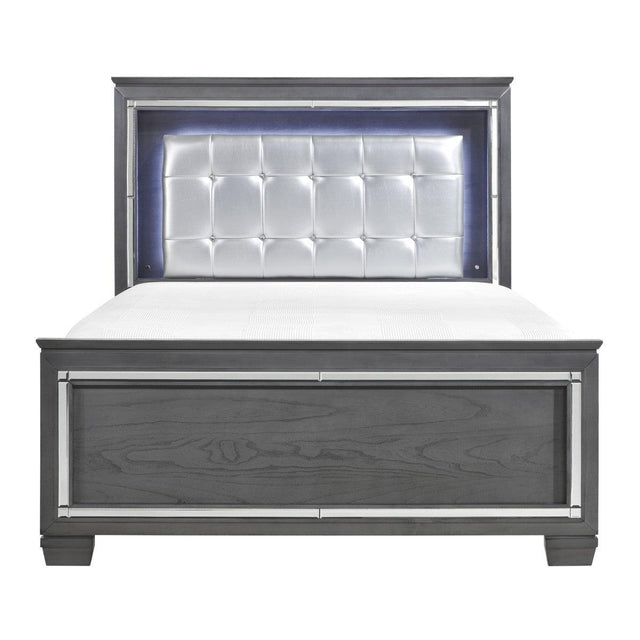 Allura Gray LED Tufted Faux Leather King Bed front view