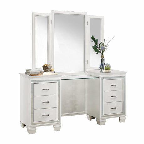 Allura white vanity dresser front view showing faux alligator embossed drawers and crystal hardware