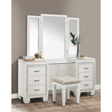 Beveled mirror framed in white wood atop the Allura vanity dresser
