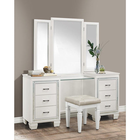 Beveled mirror framed in white wood atop the Allura vanity dresser