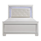 Allura White Full Panel Bed front view showing tufted faux leather headboard and LED lighting