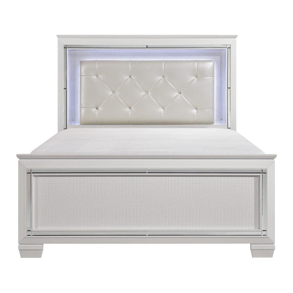 Allura White Full Panel Bed front view showing tufted faux leather headboard and LED lighting