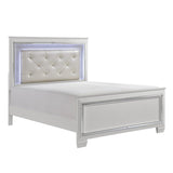 Side angle of Allura White Full Panel Bed highlighting profile and LED illumination
