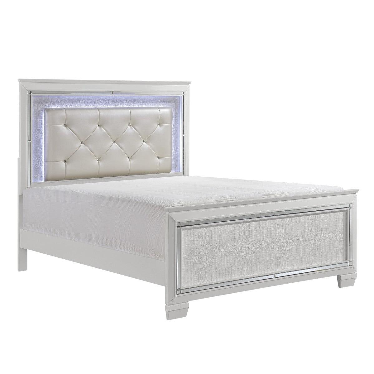 Side angle of Allura White Full Panel Bed highlighting profile and LED illumination