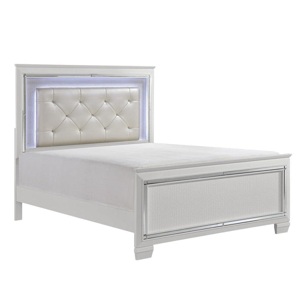 Side angle of Allura White Full Panel Bed highlighting profile and LED illumination