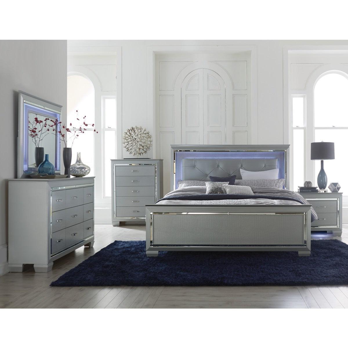 Allura Silver Tufted LED King Bed, detailed headboard close-up