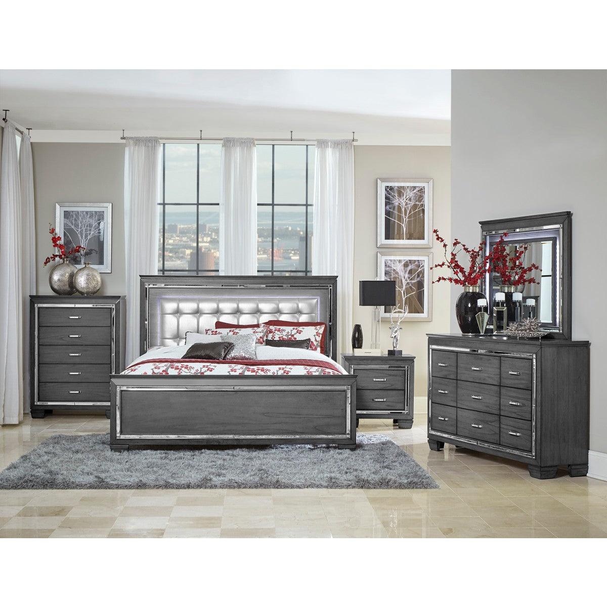 Allura Gray LED Tufted Faux Leather King Bed headboard with LED lighting detail