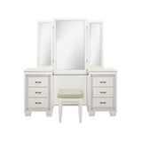 Side angle of Allura white vanity dresser highlighting drawer detail and polished chrome pulls