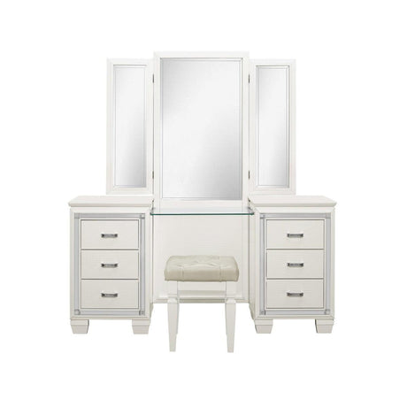 Side angle of Allura white vanity dresser highlighting drawer detail and polished chrome pulls