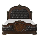 Front view of Antoinetta Brown Cherry Veneer Queen Panel Bed with tufted faux leather headboard
