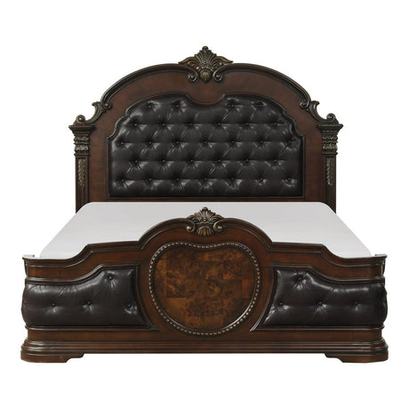 Front view of Antoinetta Brown Cherry Veneer Queen Panel Bed with tufted faux leather headboard