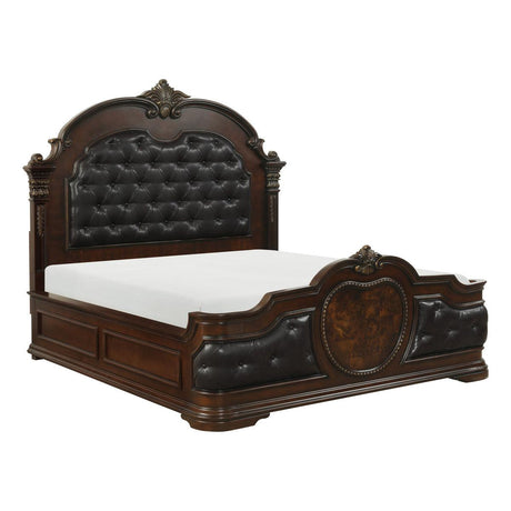 Side angle of Antoinetta Brown Cherry Veneer Queen Panel Bed showing upholstery details