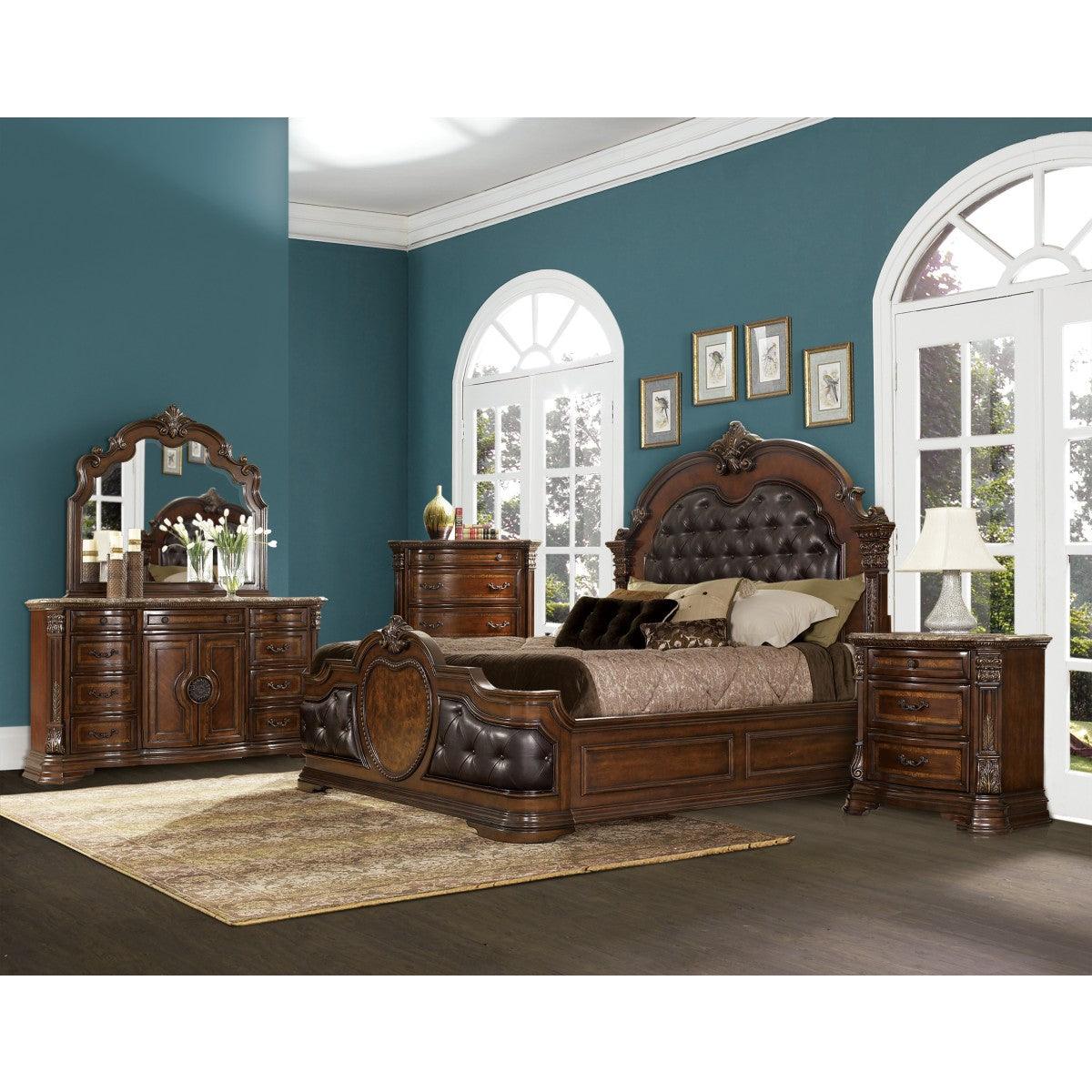 Full view of Antoinetta Brown Cherry Veneer Queen Panel Bed in traditional style