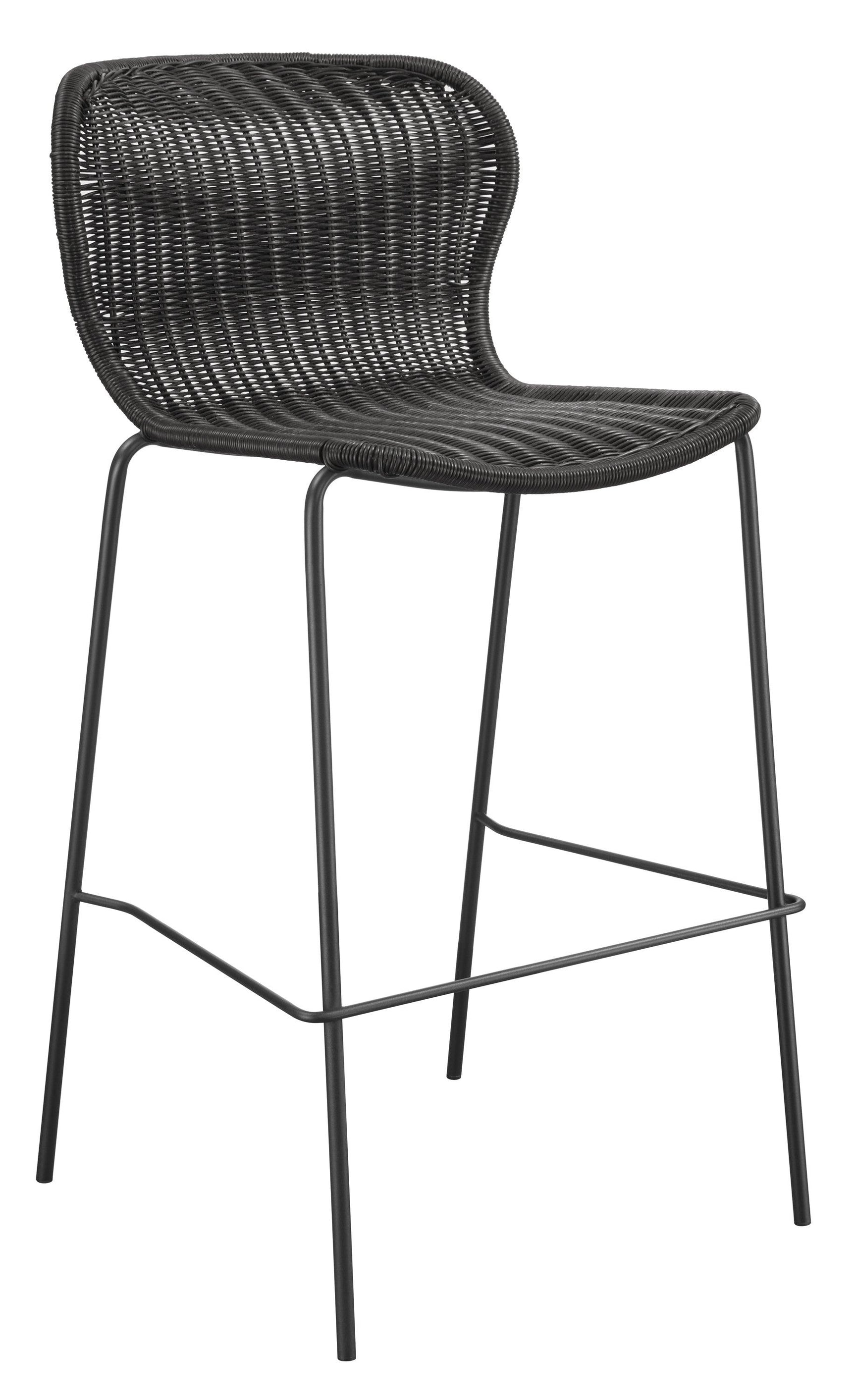 McKinley Bar Stool side angle showing contoured brown faux rattan seat