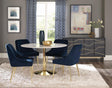 Kella dining set with round white marble table and brass base, side view