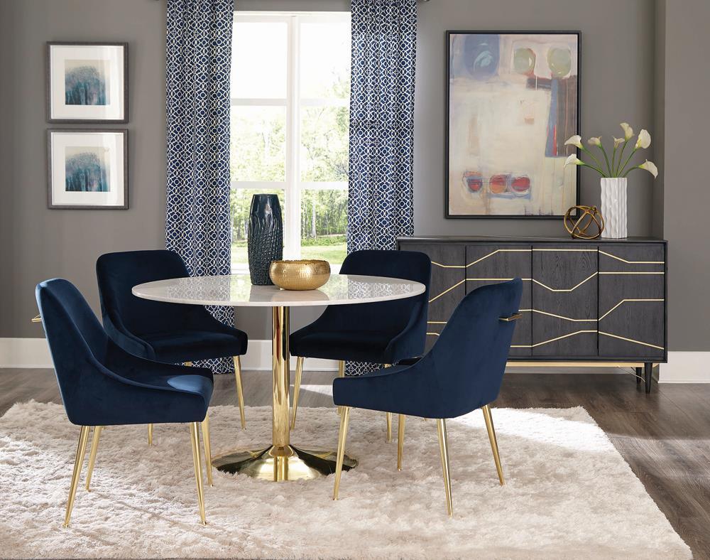 Kella dining set with round white marble table and brass base, side view
