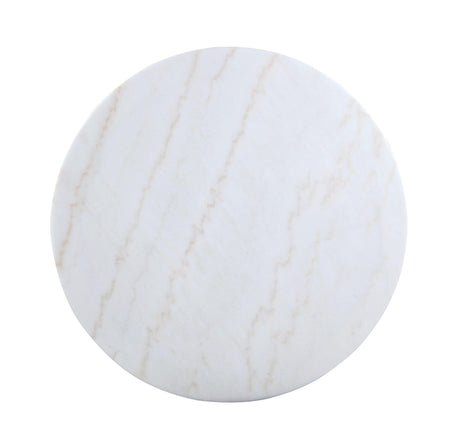 Close-up detail of Kella white marble table top and brass base