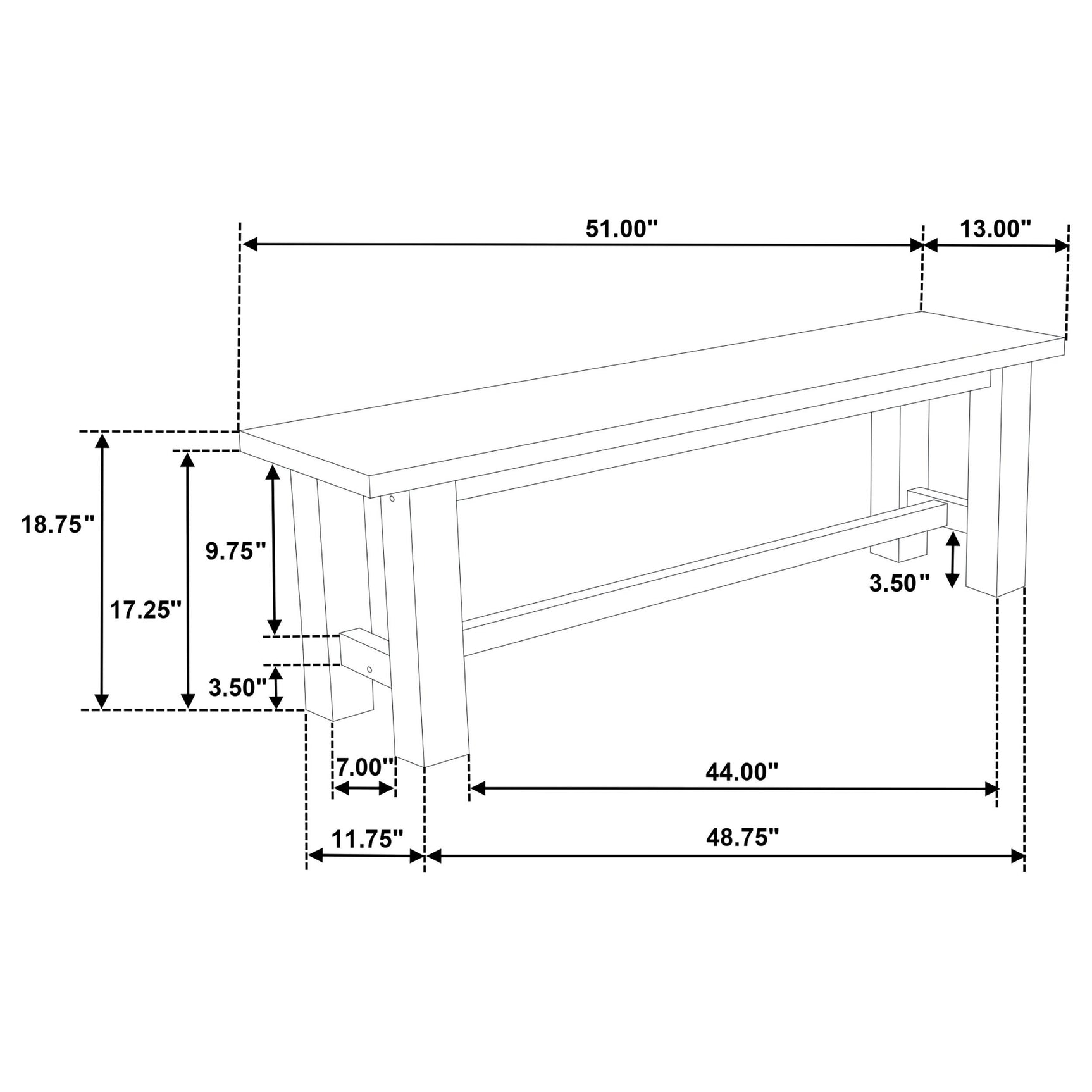 Underside view of Cardova dining bench