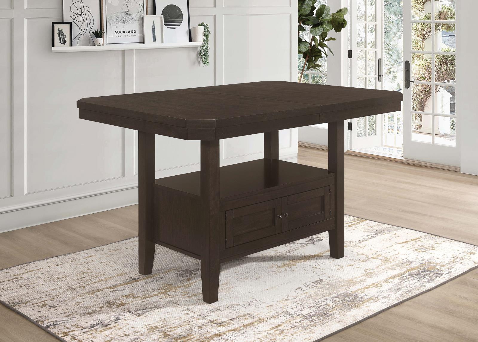 Prentiss extendable rectangular counter height table in cappuccino angled view